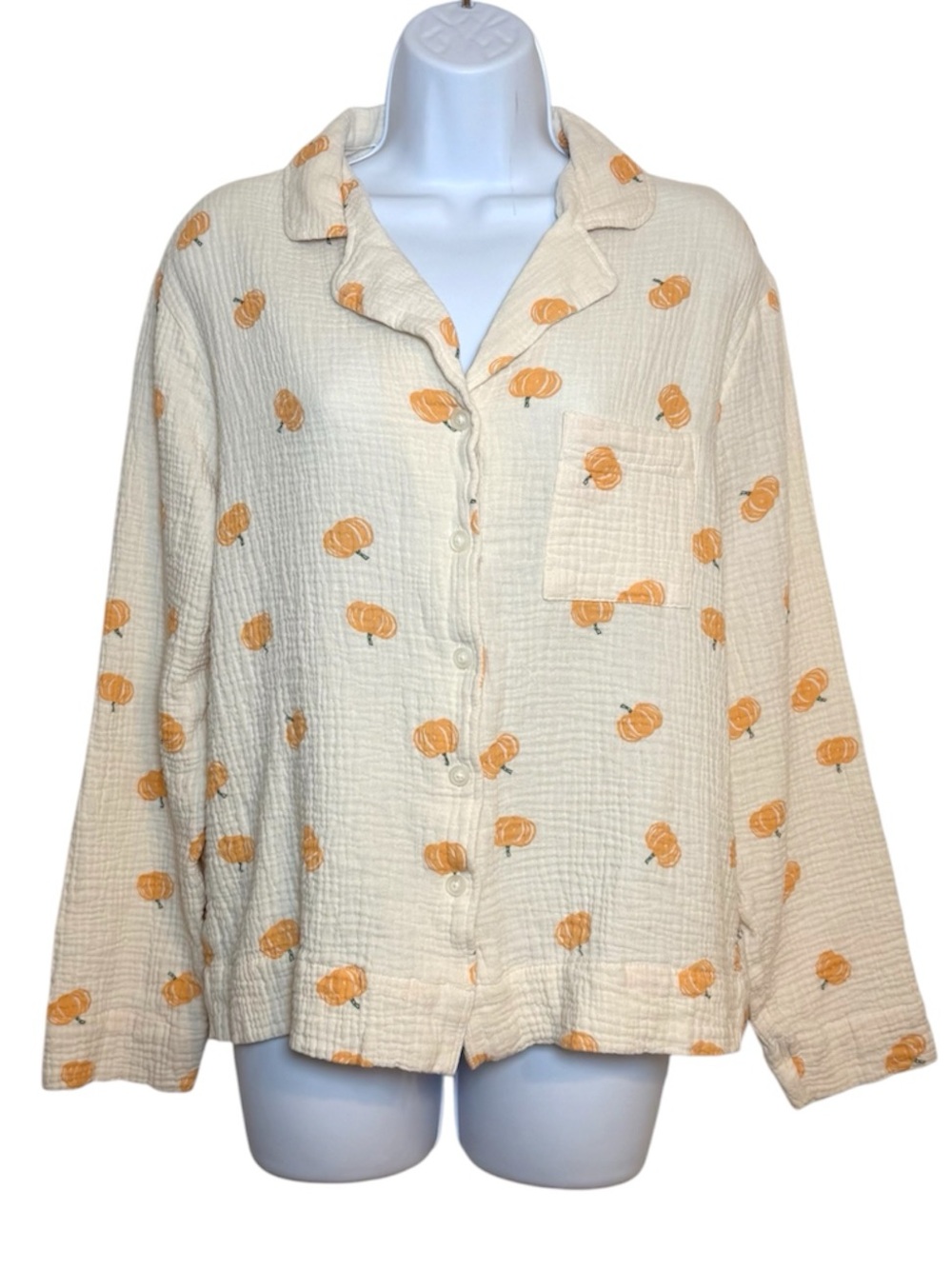 American Eagle AE Lounge Pumpkin Print Pajama Top Gauze Button Up Shirt Fall